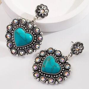 Turquoise Heart Drop Earrings with Silver Floral Accents